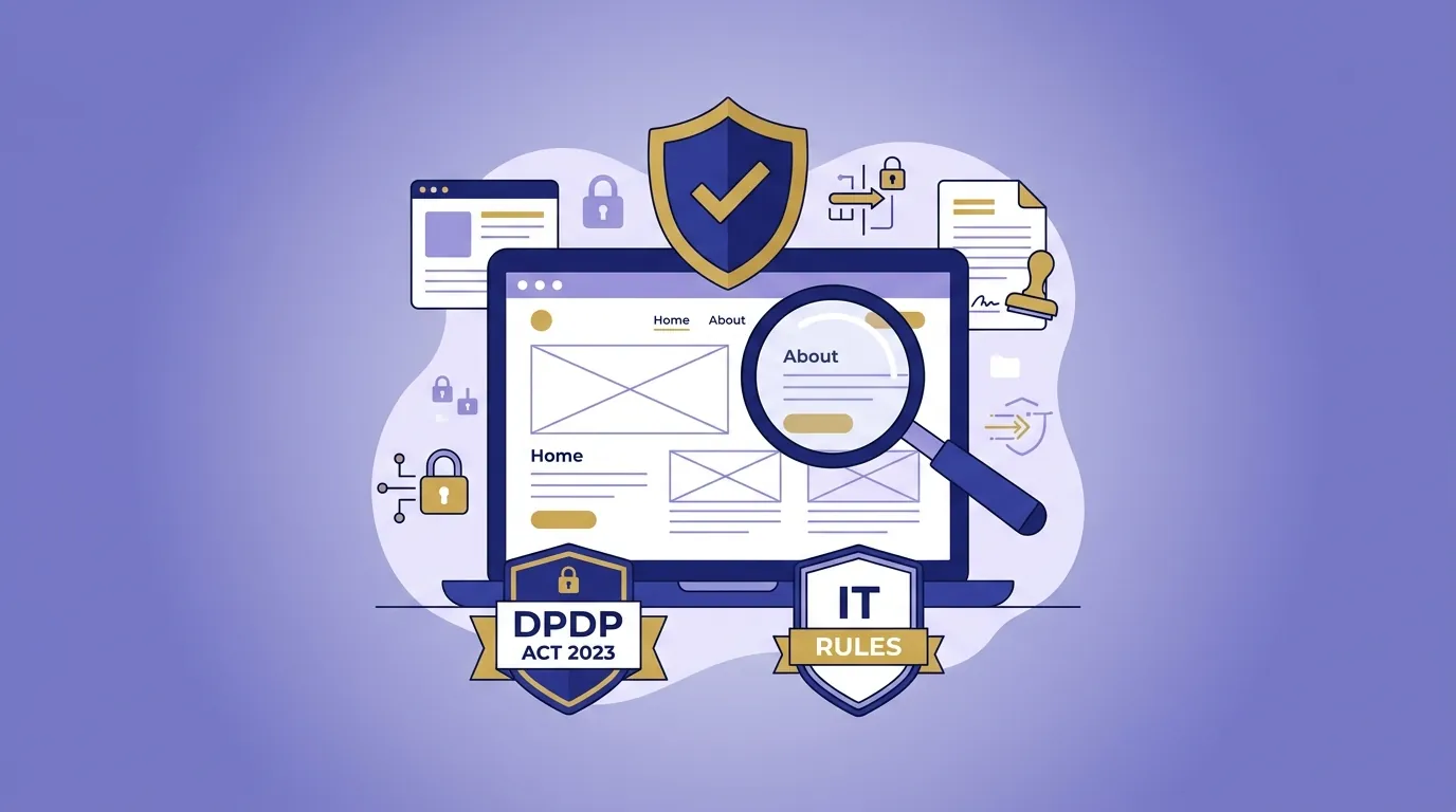 Website legal scanner — laptop with DPDP Act compliance shield and magnifying glass