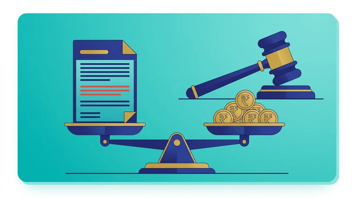 Liquidated damages calculator — legal scale weighing contract clause against rupee coins