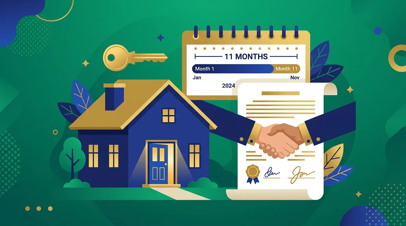 Rent agreement generator — house with key, 11-month calendar, and signed document